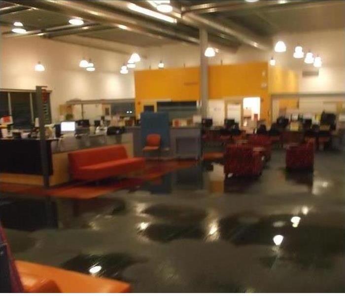 soaked carpet, red sofas, cubicles, large common lobby