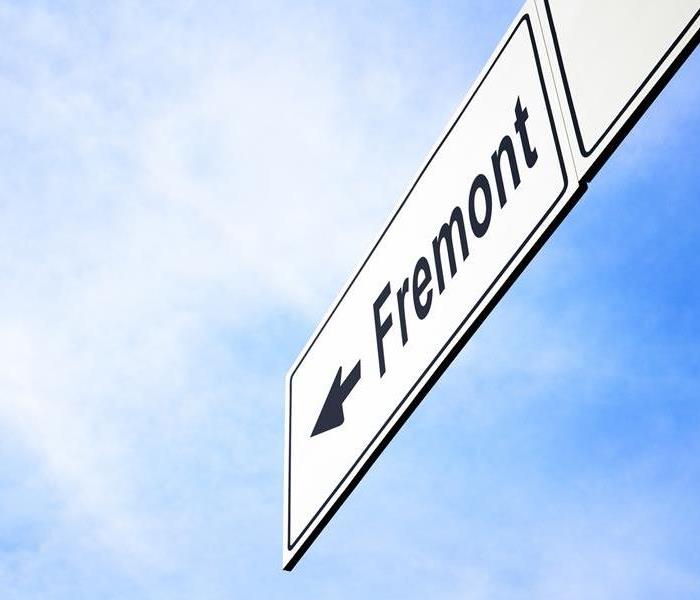 A white Fremont road sign with a blue sky